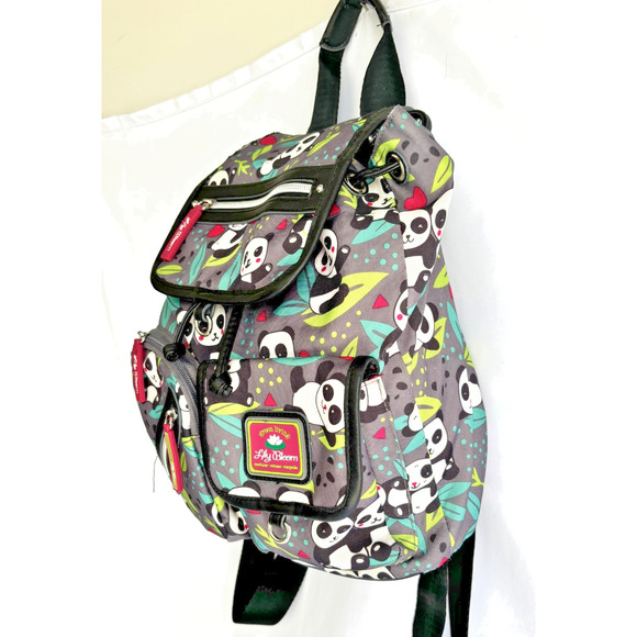 LILY BLOOM Gray/Multi "Panda Pop" Drawstring Mini Flap Front Backpack - Picture 3 of 8